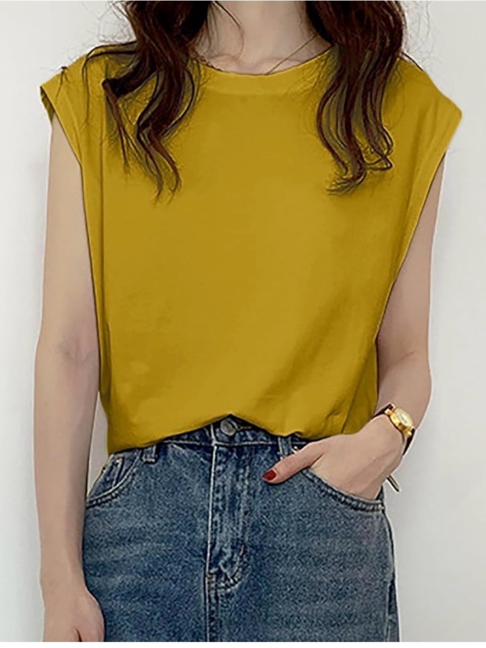 Women’s Mustard Crewneck Cap Sleeve Top